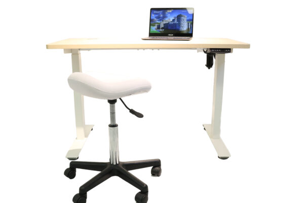Electric stand up desk with programmable motor and optional stool