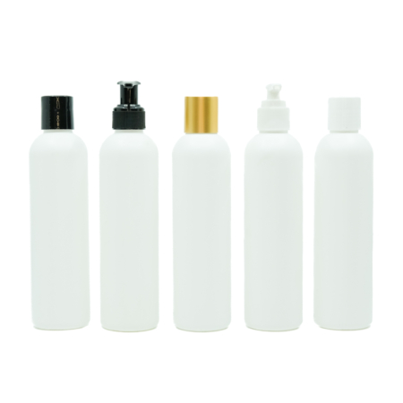 white plastic bottles with different lid options